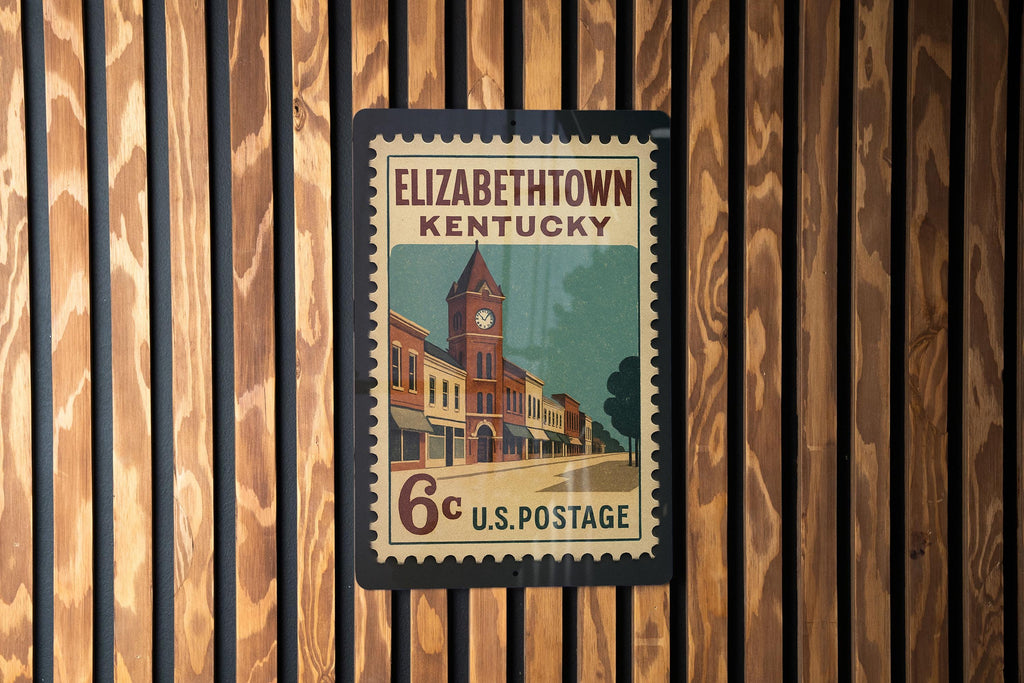 Elizabethtown Kentucky Metal Sign – Retro Postage Stamp Design Featuring Historic Landmarks and City Name Display — photo 2