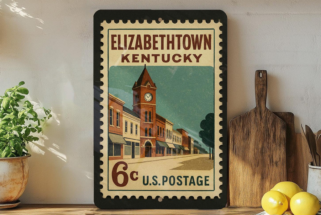 Elizabethtown Kentucky Metal Sign – Retro Postage Stamp Design Featuring Historic Landmarks and City Name Display — photo 3