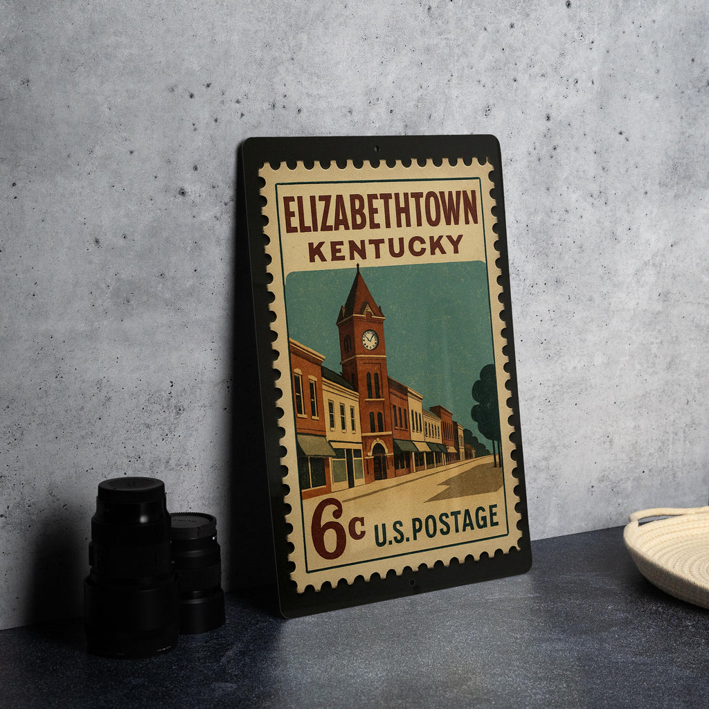 Elizabethtown Kentucky Metal Sign – Retro Postage Stamp Design Featuring Historic Landmarks and City Name Display — photo 4
