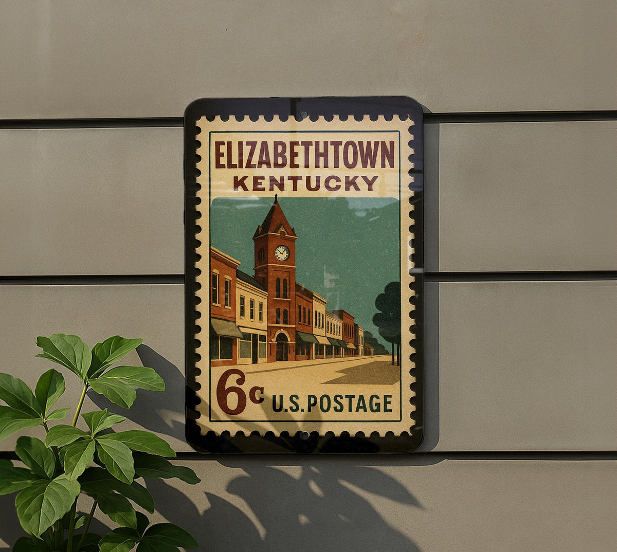 Elizabethtown Kentucky Metal Sign – Retro Postage Stamp Design Featuring Historic Landmarks and City Name Display — photo 5