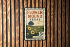 Flower Mound Texas Metal Sign – Retro Postage Stamp Design Featuring Texas Town Name and Scenic Landmark Elements — photo 2