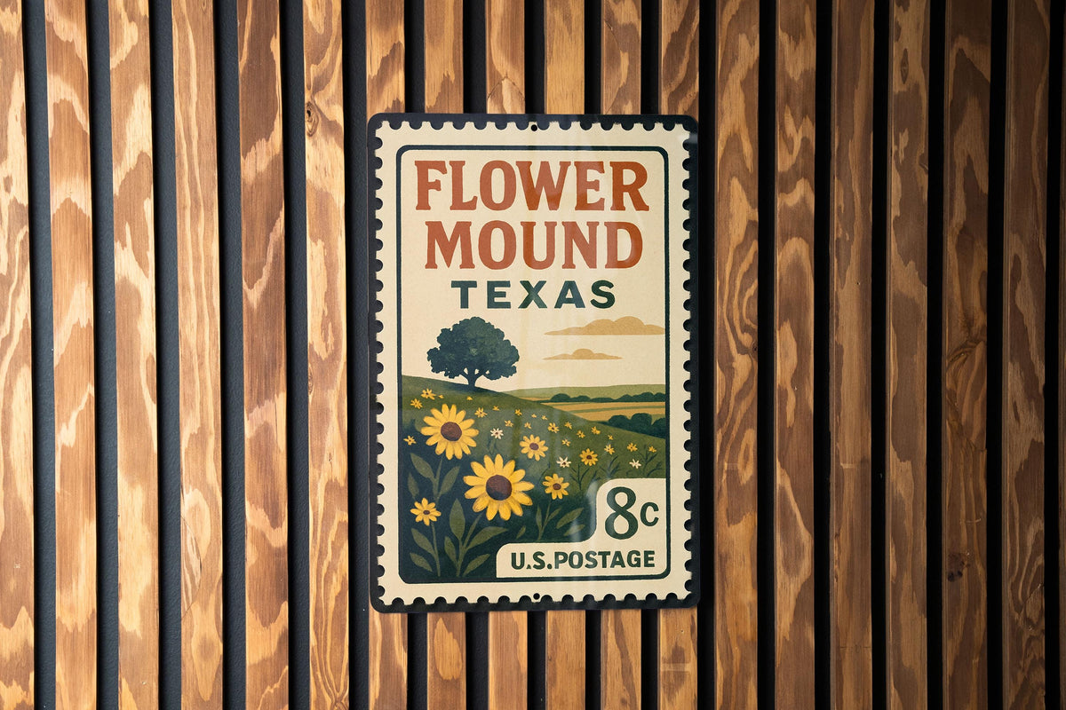 Flower Mound Texas Metal Sign – Retro Postage Stamp Design Featuring Texas Town Name and Scenic Landmark Elements — photo 2