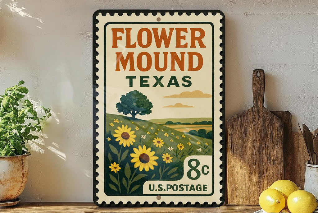 Flower Mound Texas Metal Sign – Retro Postage Stamp Design Featuring Texas Town Name and Scenic Landmark Elements — photo 3