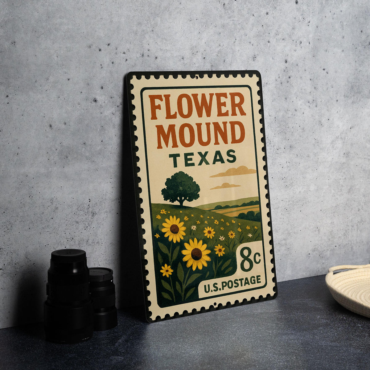 Flower Mound Texas Metal Sign – Retro Postage Stamp Design Featuring Texas Town Name and Scenic Landmark Elements — photo 4