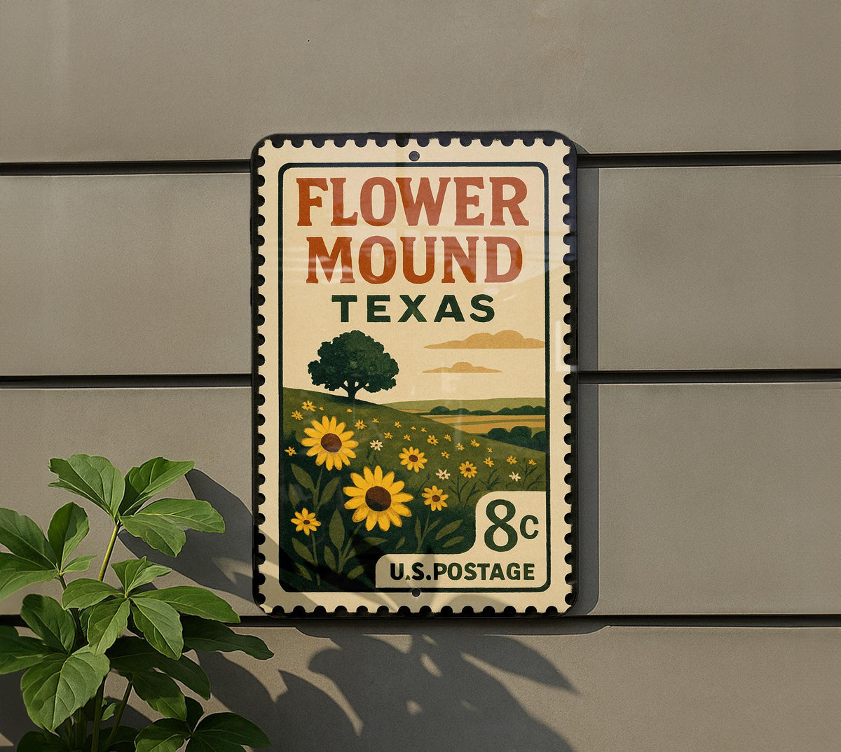 Flower Mound Texas Metal Sign – Retro Postage Stamp Design Featuring Texas Town Name and Scenic Landmark Elements — photo 5