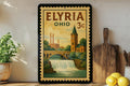 Elyria Ohio Metal Sign Featuring Retro Postage Stamp Design with Cityscape and Local Landmarks — photo 1