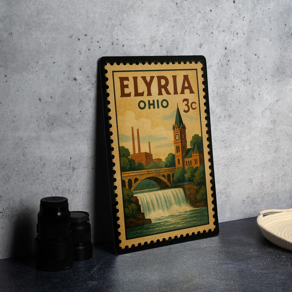 Elyria Ohio Metal Sign Featuring Retro Postage Stamp Design with Cityscape and Local Landmarks — photo 4