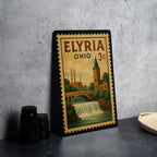 Elyria Ohio Metal Sign Featuring Retro Postage Stamp Design with Cityscape and Local Landmarks — photo 4