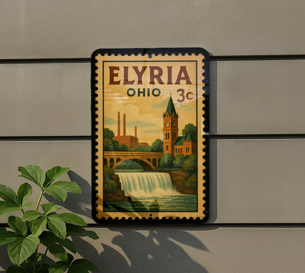 Elyria Ohio Metal Sign Featuring Retro Postage Stamp Design with Cityscape and Local Landmarks — photo 5