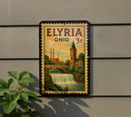 Elyria Ohio Metal Sign Featuring Retro Postage Stamp Design with Cityscape and Local Landmarks — photo 5