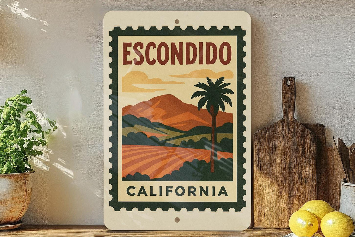 Escondido California Metal Sign – Vintage Postage Stamp Design Featuring Scenic City Landscape and Iconic Landmarks — photo 2