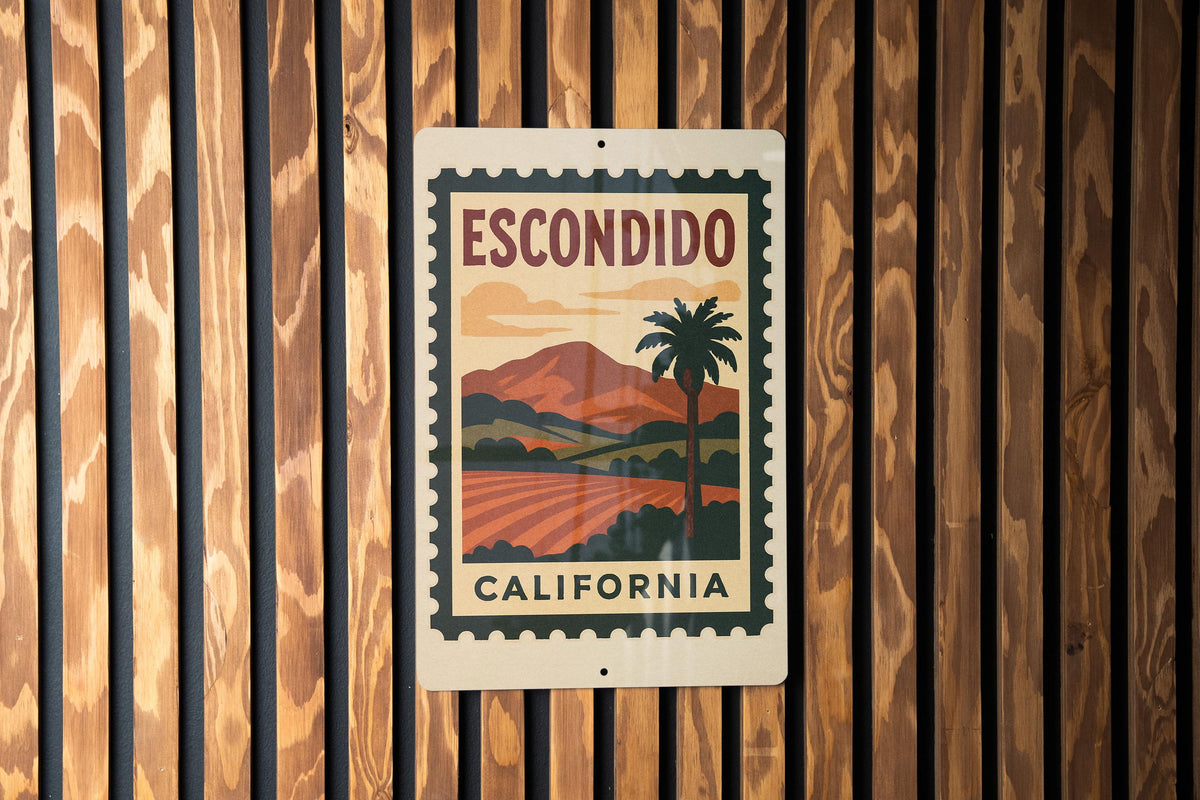 Escondido California Metal Sign – Vintage Postage Stamp Design Featuring Scenic City Landscape and Iconic Landmarks — photo 3