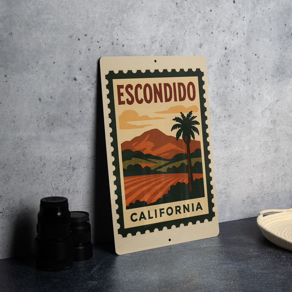 Escondido California Metal Sign – Vintage Postage Stamp Design Featuring Scenic City Landscape and Iconic Landmarks — photo 5