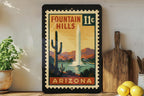 Fountain Hills Arizona Metal Sign – Retro Postage Stamp Design Featuring Scenic Desert Landscape and Iconic Fountain — photo 1