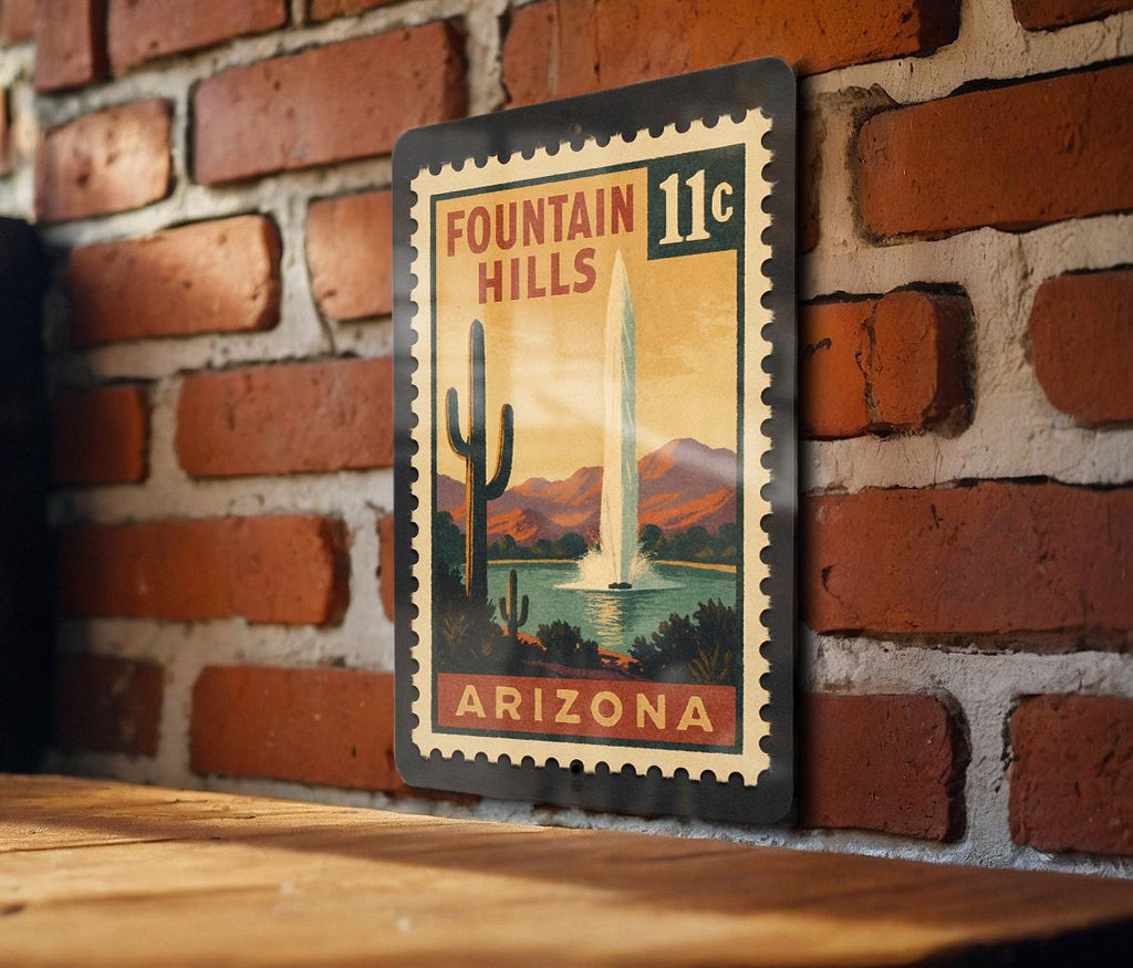 Fountain Hills Arizona Metal Sign – Retro Postage Stamp Design Featuring Scenic Desert Landscape and Iconic Fountain — photo 2