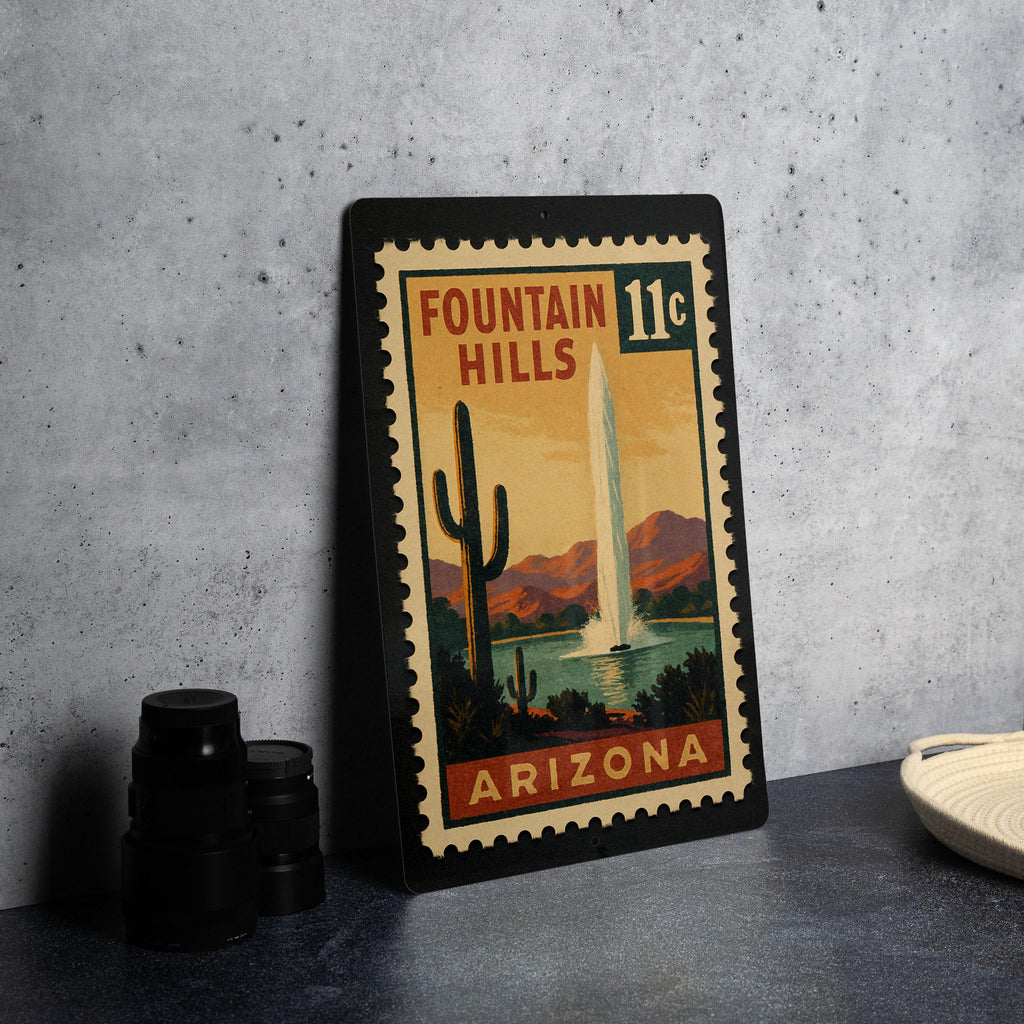 Fountain Hills Arizona Metal Sign – Retro Postage Stamp Design Featuring Scenic Desert Landscape and Iconic Fountain — photo 4