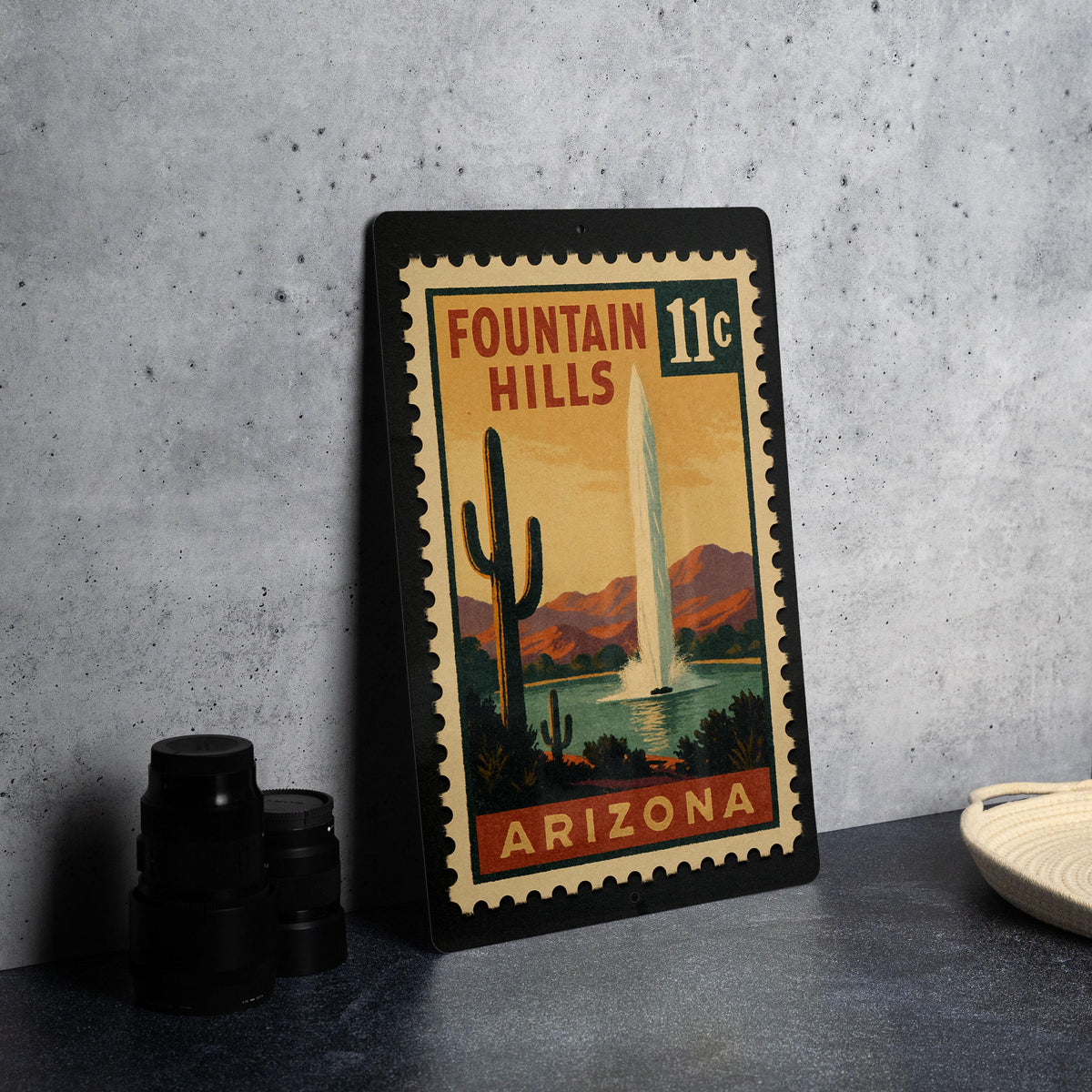 Fountain Hills Arizona Metal Sign – Retro Postage Stamp Design Featuring Scenic Desert Landscape and Iconic Fountain — photo 4