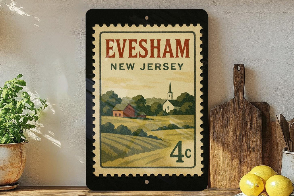 Evesham New Jersey Metal Sign Featuring Retro Postage Stamp Design with Town Name and Scenic Local Landmarks — photo 1