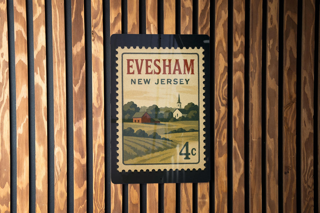 Evesham New Jersey Metal Sign Featuring Retro Postage Stamp Design with Town Name and Scenic Local Landmarks — photo 2