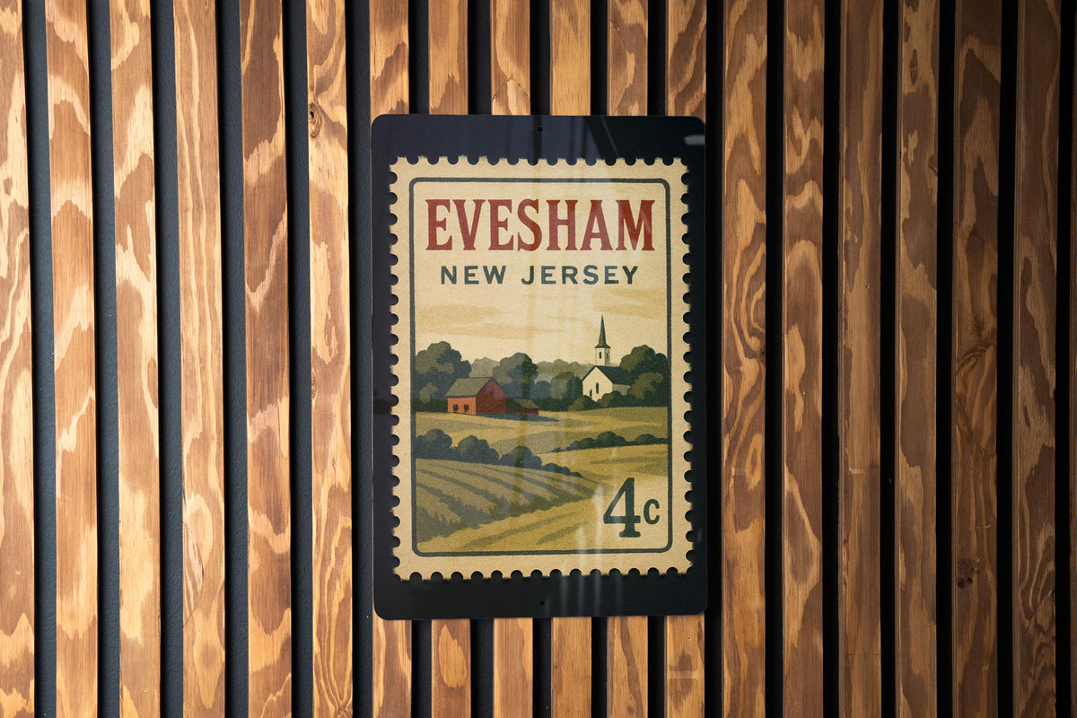 Evesham New Jersey Metal Sign Featuring Retro Postage Stamp Design with Town Name and Scenic Local Landmarks — photo 2