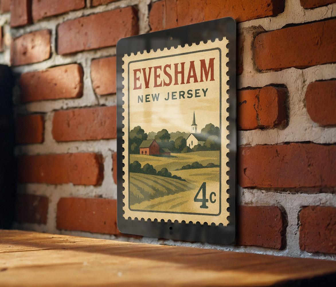 Evesham New Jersey Metal Sign Featuring Retro Postage Stamp Design with Town Name and Scenic Local Landmarks — photo 3