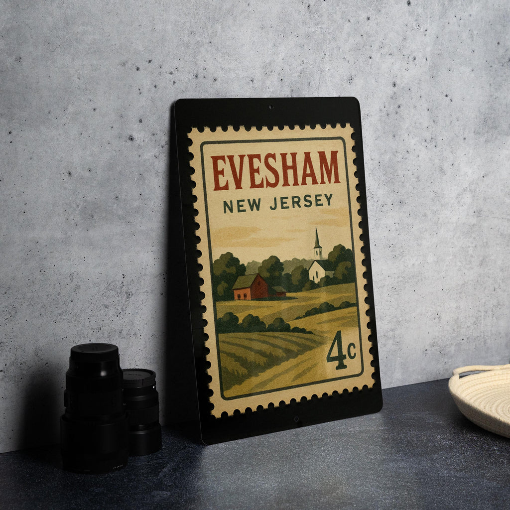 Evesham New Jersey Metal Sign Featuring Retro Postage Stamp Design with Town Name and Scenic Local Landmarks — photo 4