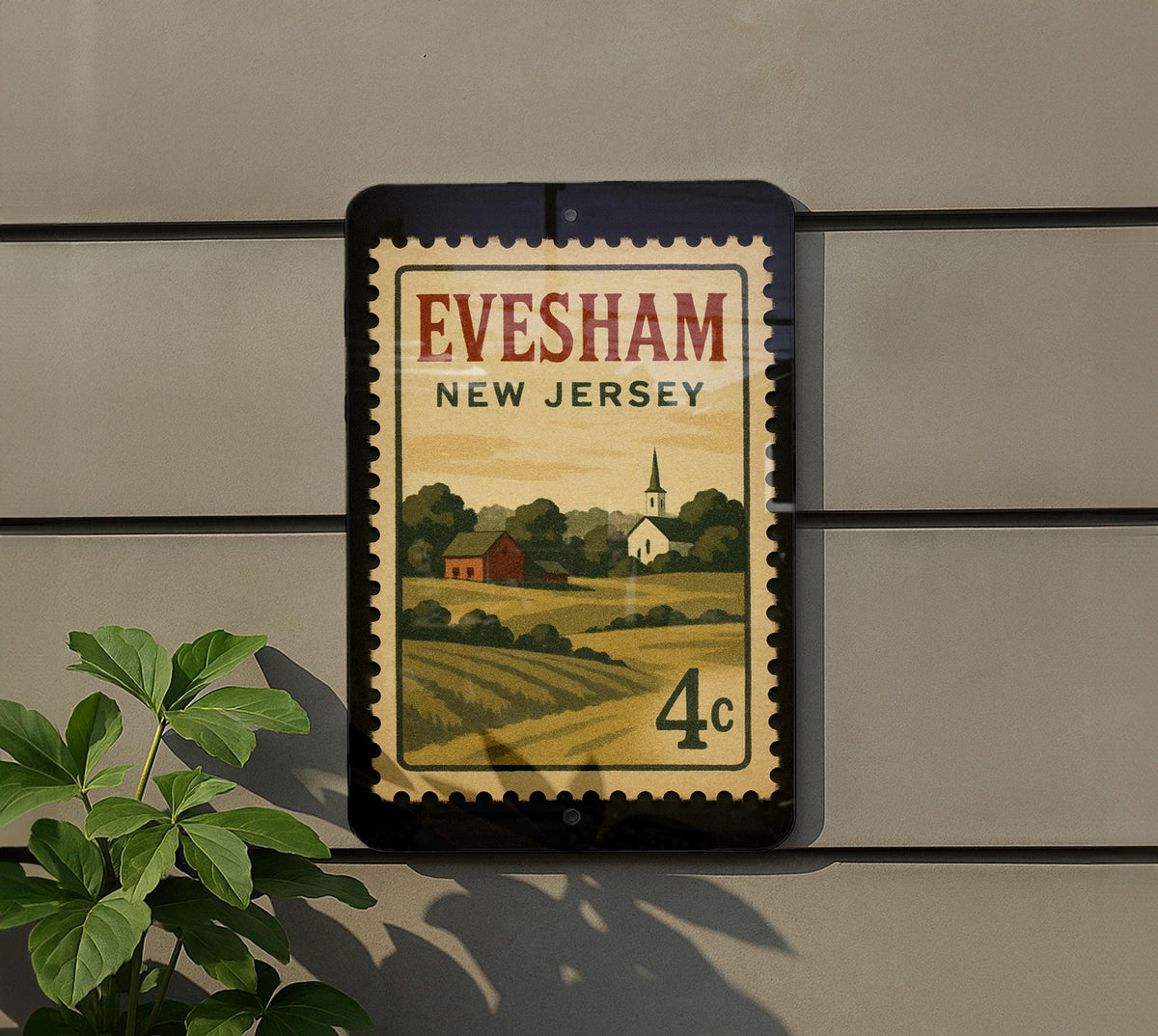 Evesham New Jersey Metal Sign Featuring Retro Postage Stamp Design with Town Name and Scenic Local Landmarks — photo 5