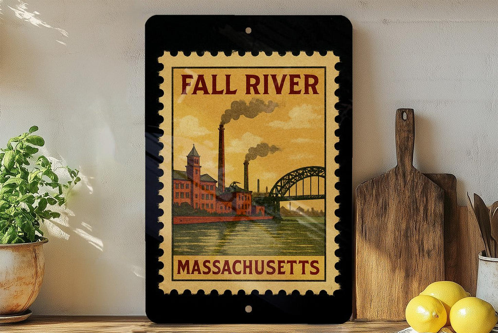Fall River Massachusetts Metal Sign – Retro Postage Stamp Design Featuring Historic City Landmark Scene — photo 1