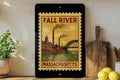 Fall River Massachusetts Metal Sign – Retro Postage Stamp Design Featuring Historic City Landmark Scene — photo 1