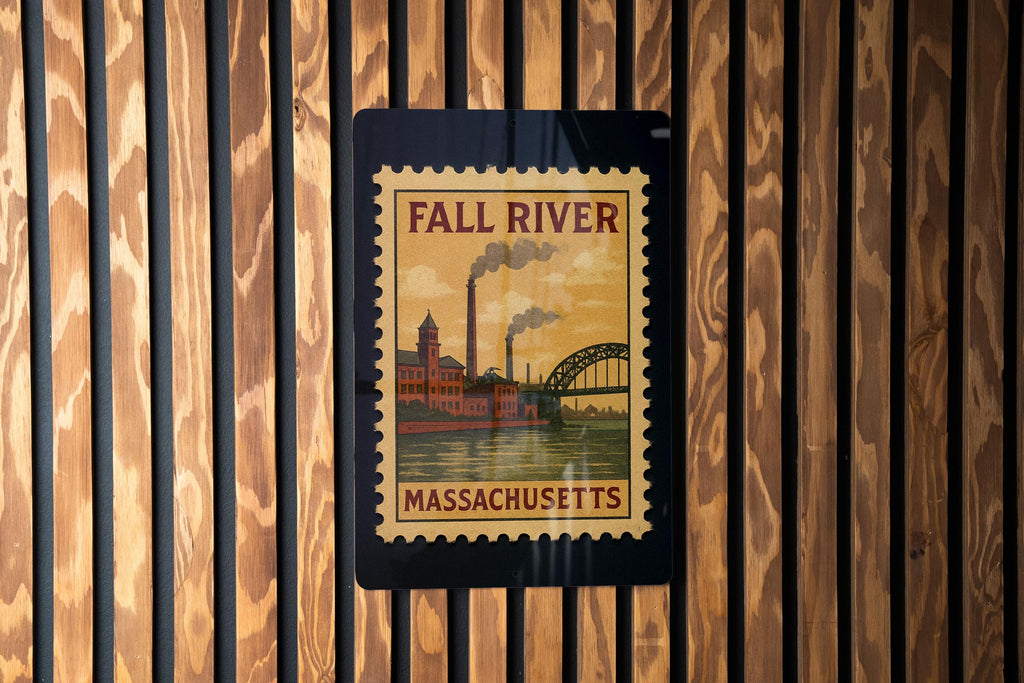 Fall River Massachusetts Metal Sign – Retro Postage Stamp Design Featuring Historic City Landmark Scene — photo 2