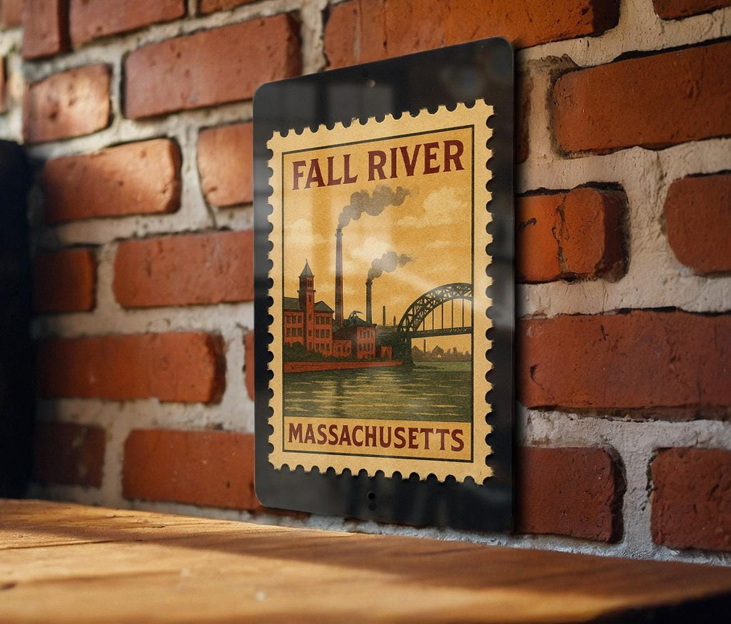 Fall River Massachusetts Metal Sign – Retro Postage Stamp Design Featuring Historic City Landmark Scene — photo 3