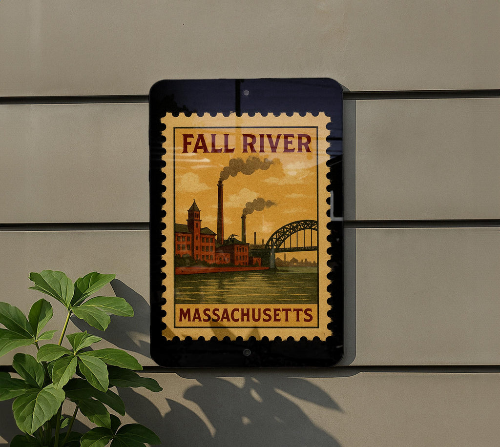 Fall River Massachusetts Metal Sign – Retro Postage Stamp Design Featuring Historic City Landmark Scene — photo 5