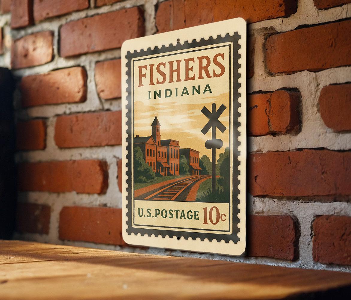 Fishers Indiana Metal Sign – Retro Postage Stamp Design Featuring City Name and Vintage Travel Theme Décor — photo 2