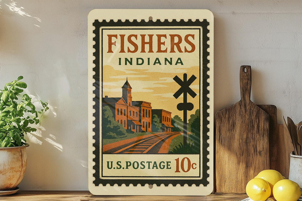 Fishers Indiana Metal Sign – Retro Postage Stamp Design Featuring City Name and Vintage Travel Theme Décor — photo 3