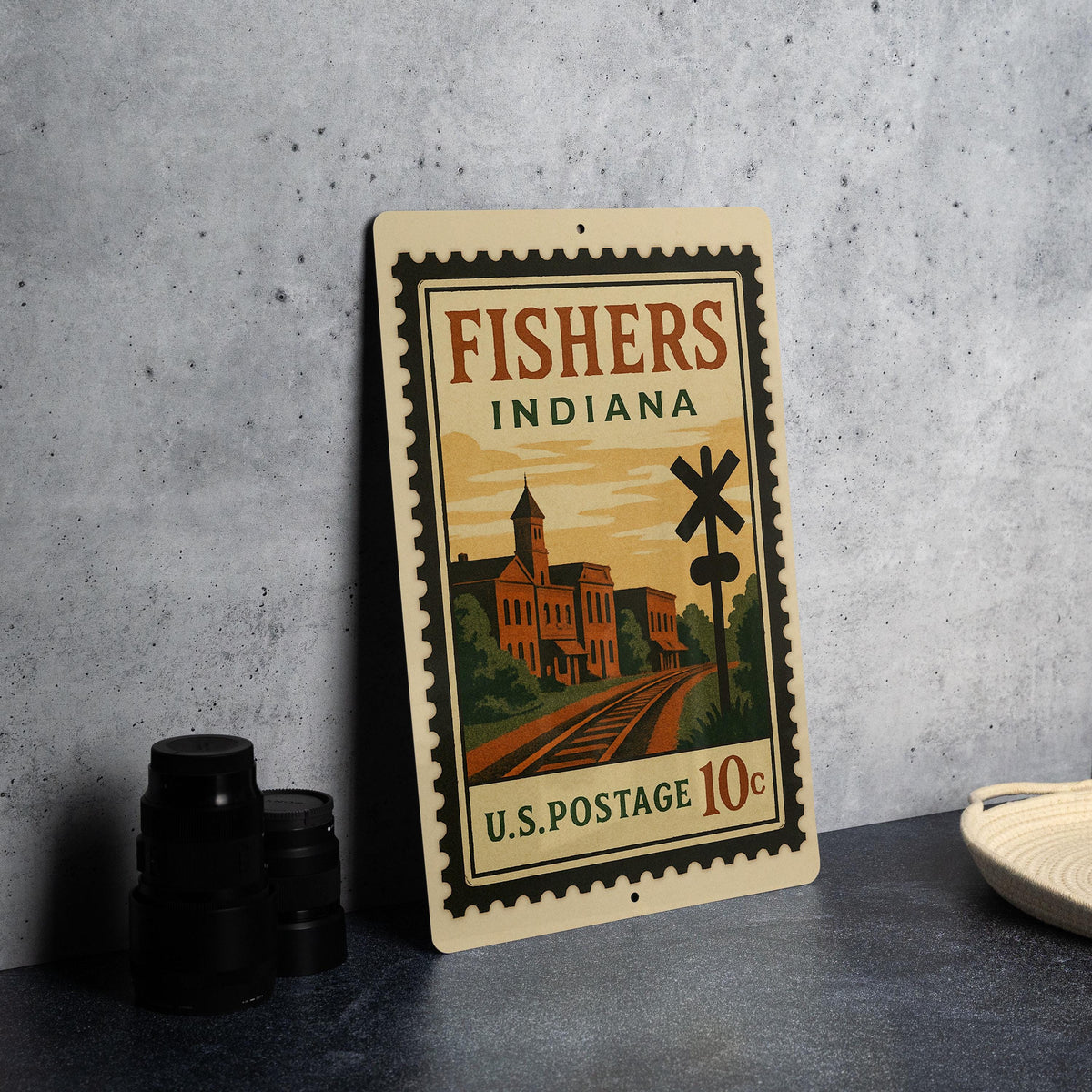 Fishers Indiana Metal Sign – Retro Postage Stamp Design Featuring City Name and Vintage Travel Theme Décor — photo 4
