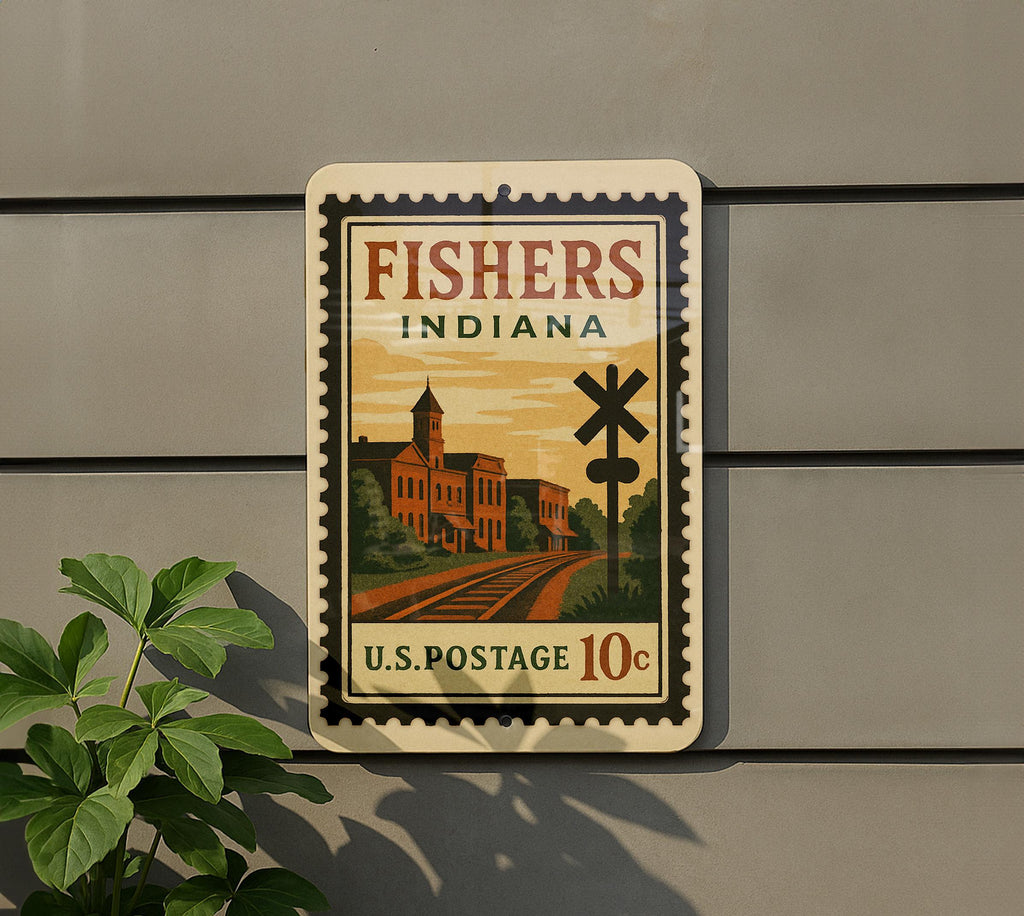 Fishers Indiana Metal Sign – Retro Postage Stamp Design Featuring City Name and Vintage Travel Theme Décor — photo 5