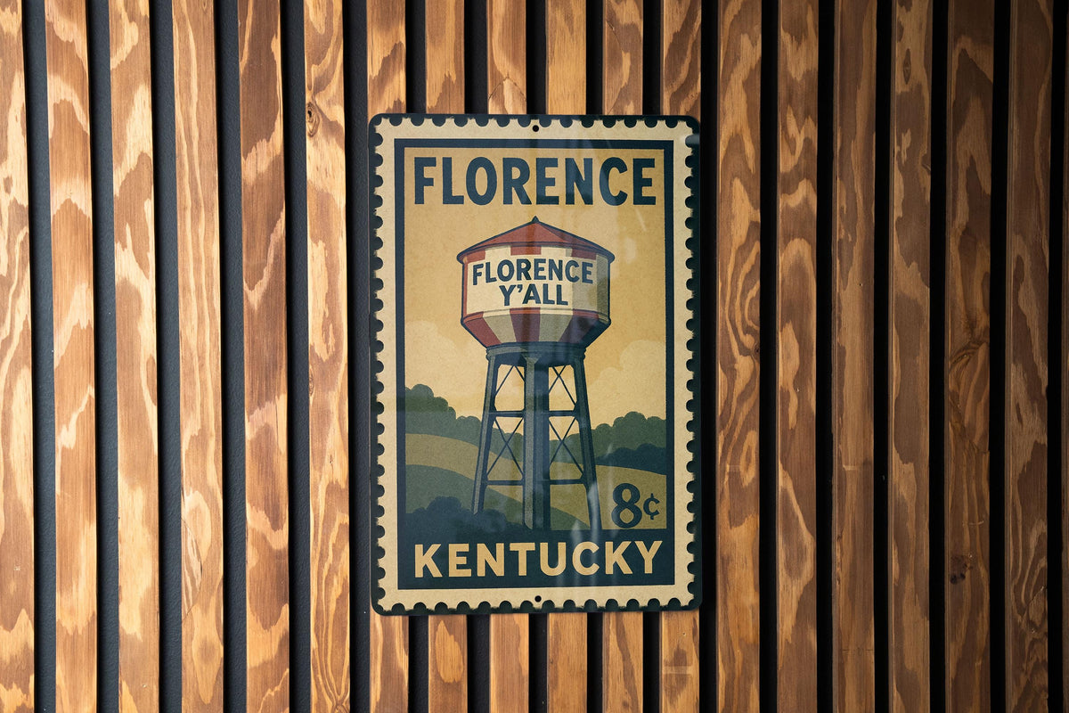 Florence Kentucky Metal Sign – Retro Postage Stamp Design Featuring Iconic City Landmark and Scenic Elements — photo 1
