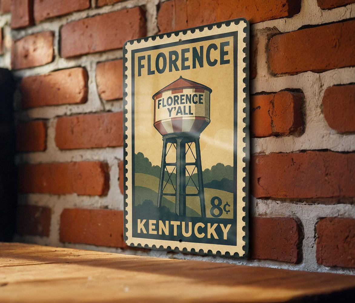 Florence Kentucky Metal Sign – Retro Postage Stamp Design Featuring Iconic City Landmark and Scenic Elements — photo 3