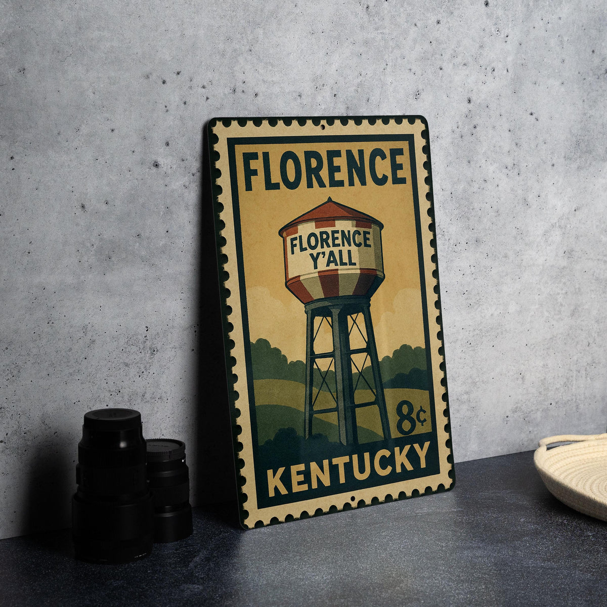 Florence Kentucky Metal Sign – Retro Postage Stamp Design Featuring Iconic City Landmark and Scenic Elements — photo 4