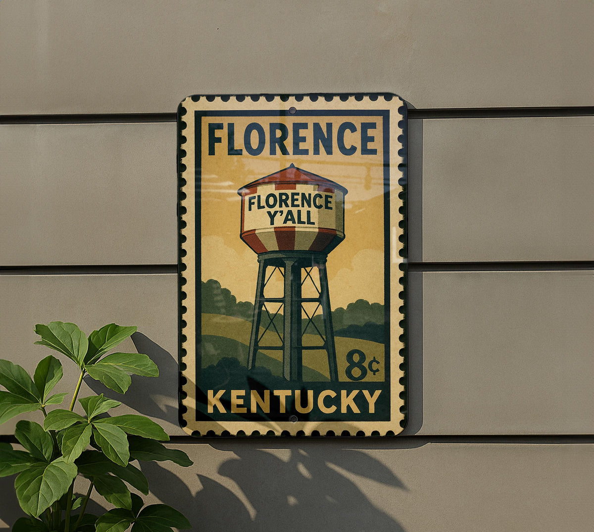 Florence Kentucky Metal Sign – Retro Postage Stamp Design Featuring Iconic City Landmark and Scenic Elements — photo 5
