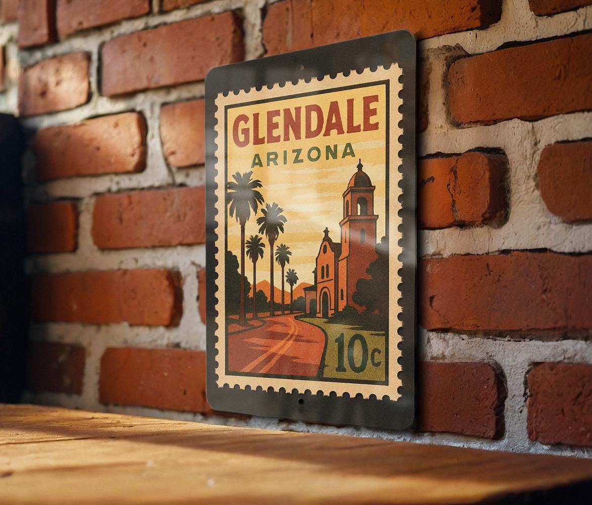 Glendale Arizona Metal Sign – Vintage Postage Stamp Design Featuring Desert Scene and City Name — photo 1