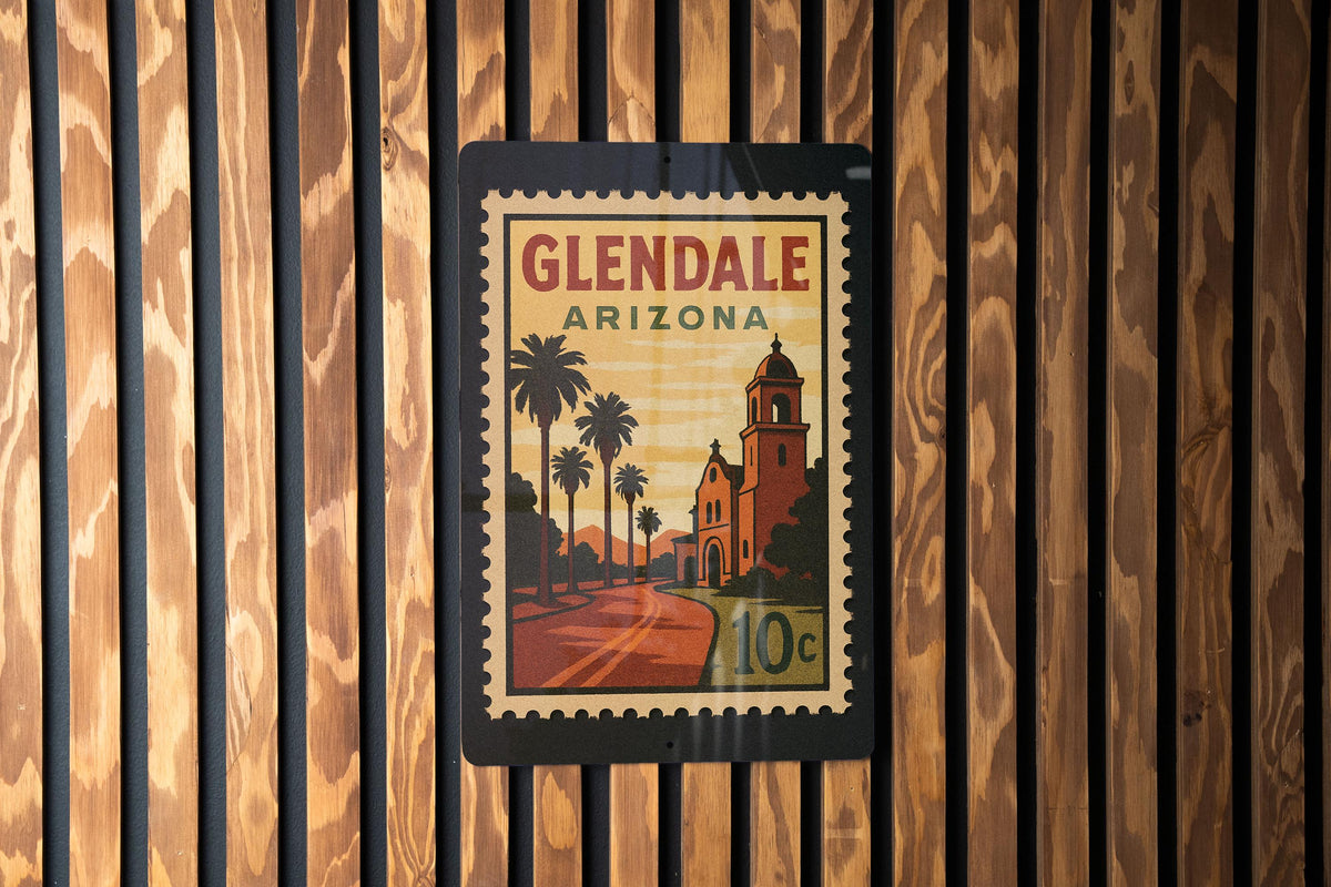Glendale Arizona Metal Sign – Vintage Postage Stamp Design Featuring Desert Scene and City Name — photo 3