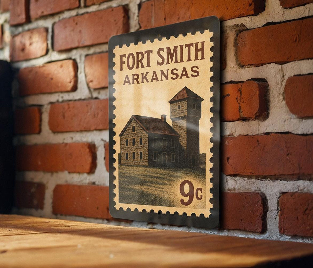Fort Smith Arkansas Metal Sign – Retro Postage Stamp Design Featuring Historic Landmarks and City Name Display — photo 1