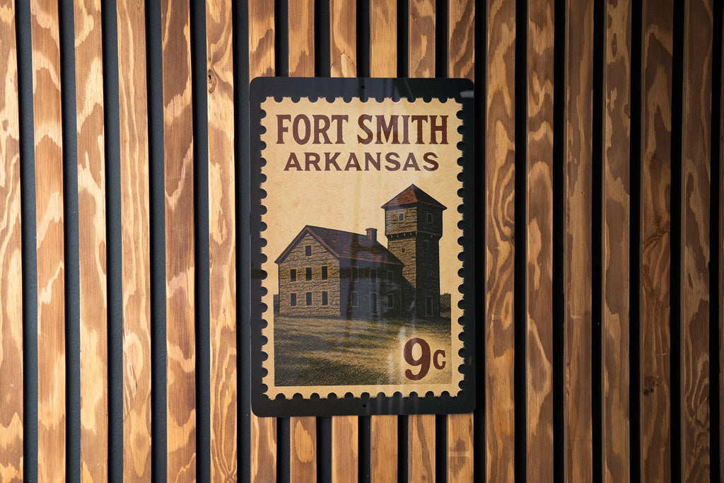 Fort Smith Arkansas Metal Sign – Retro Postage Stamp Design Featuring Historic Landmarks and City Name Display — photo 2