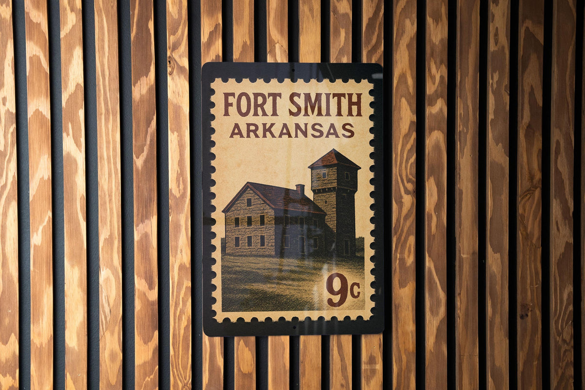 Fort Smith Arkansas Metal Sign – Retro Postage Stamp Design Featuring Historic Landmarks and City Name Display — photo 2