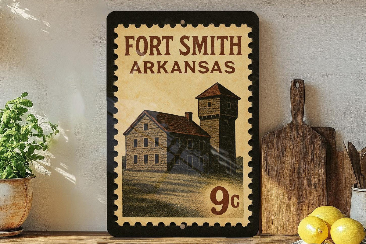 Fort Smith Arkansas Metal Sign – Retro Postage Stamp Design Featuring Historic Landmarks and City Name Display — photo 3