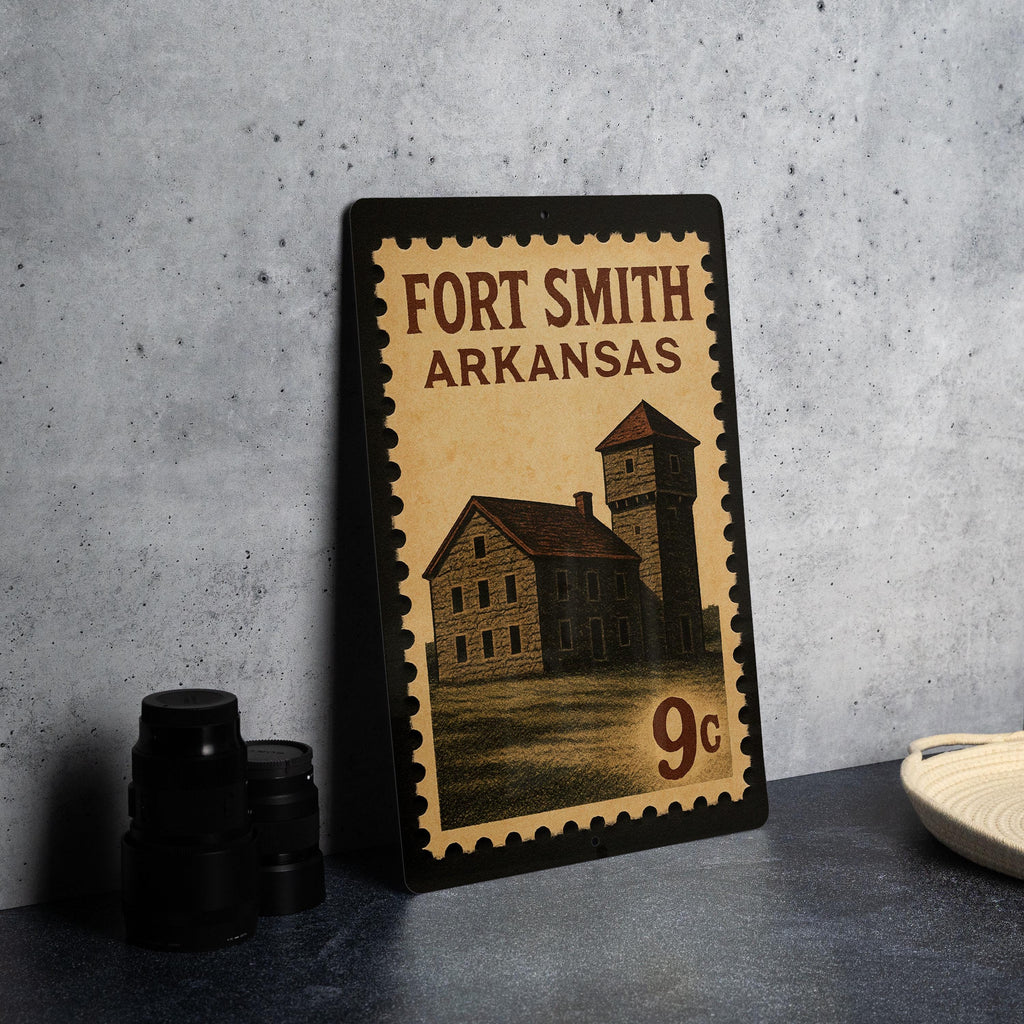 Fort Smith Arkansas Metal Sign – Retro Postage Stamp Design Featuring Historic Landmarks and City Name Display — photo 4