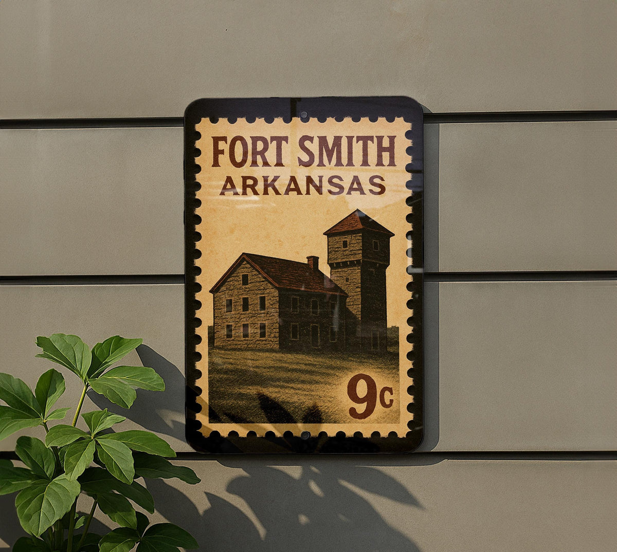 Fort Smith Arkansas Metal Sign – Retro Postage Stamp Design Featuring Historic Landmarks and City Name Display — photo 5
