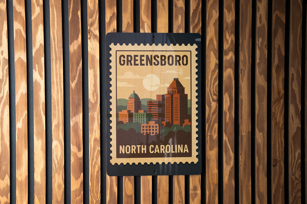 Greensboro North Carolina Metal Sign Featuring Retro Postage Stamp Design of City Landmarks and Skyline — photo 1