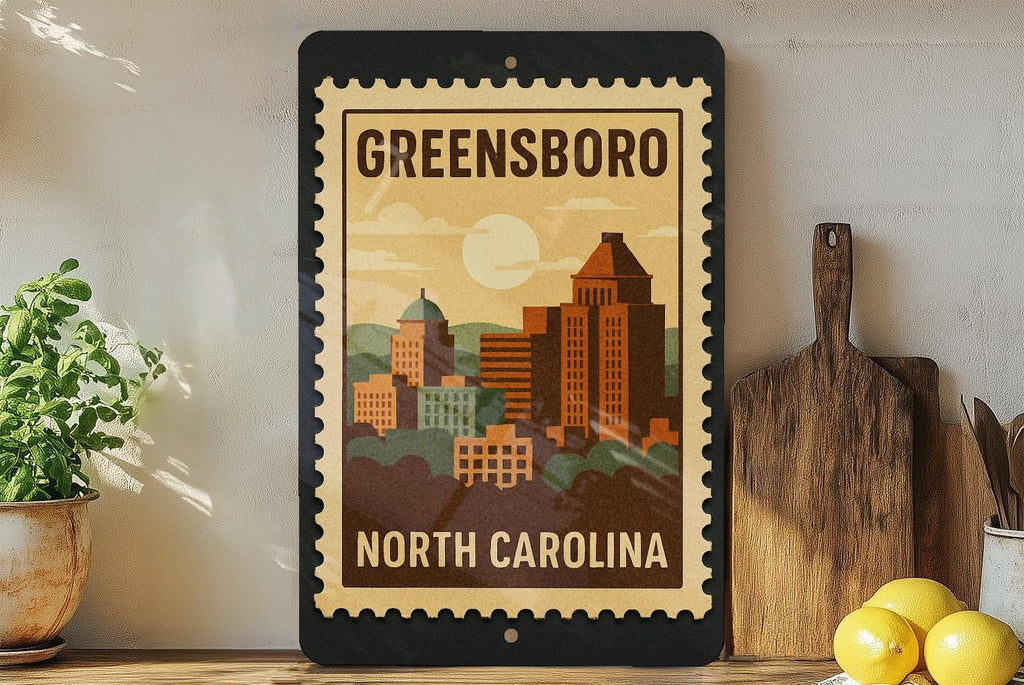 Greensboro North Carolina Metal Sign Featuring Retro Postage Stamp Design of City Landmarks and Skyline — photo 2
